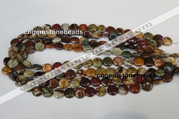 CPJ75 15.5 inches 12mm flat round picasso jasper gemstone beads