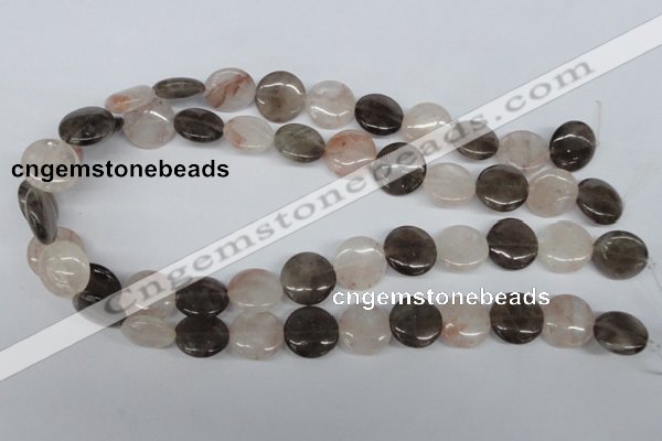 CPQ102 16mm flat round natural pink crystal & smoky quartz beads