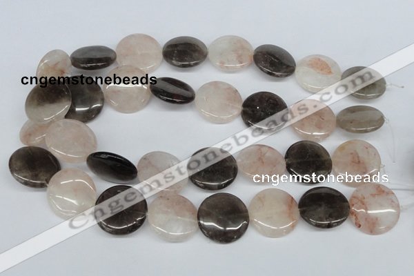 CPQ103 25mm flat round natural pink crystal & smoky quartz beads