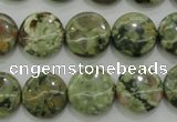 CPS142 15.5 inches 14mm flat round green peacock stone beads