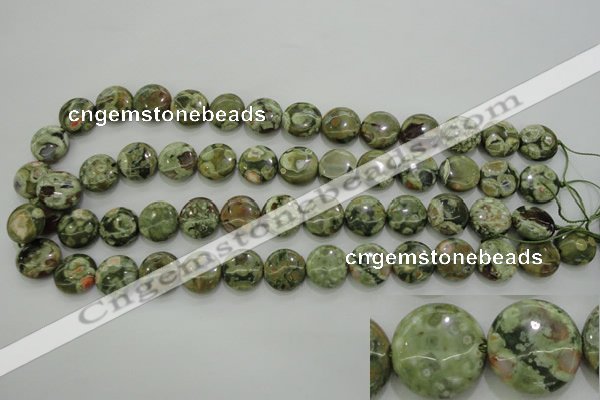 CPS142 15.5 inches 14mm flat round green peacock stone beads