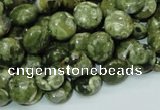 CPS35 15.5 inches 10mm flat round green peacock stone beads