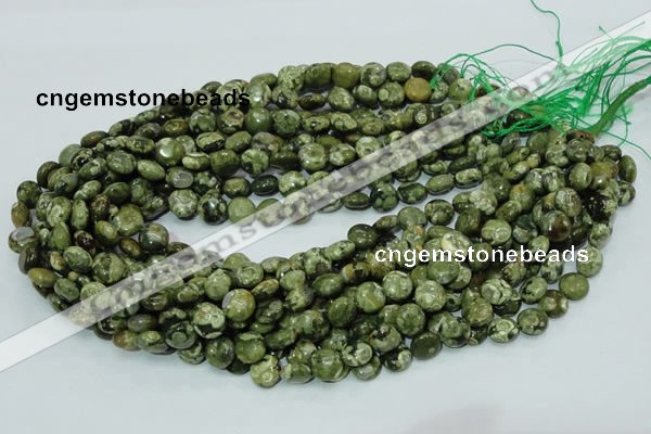 CPS35 15.5 inches 10mm flat round green peacock stone beads
