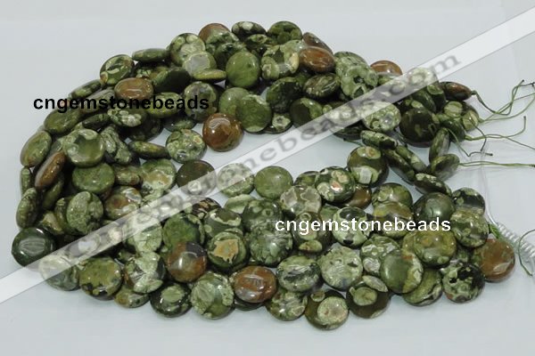 CPS36 15.5 inches 12mm flat round green peacock stone beads