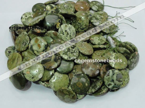 CPS39 15.5 inches 20mm flat round green peacock stone beads
