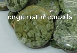 CPS40 15.5 inches 30mm flat round green peacock stone beads