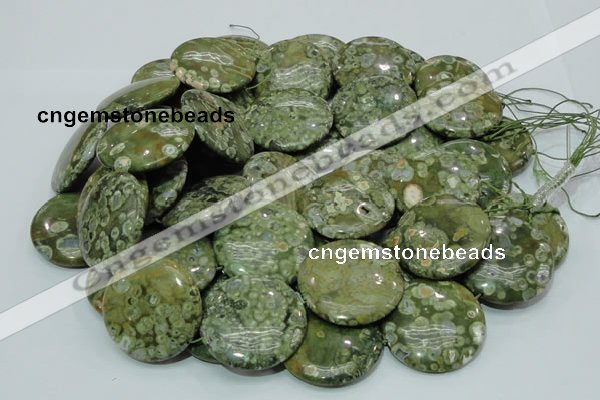 CPS40 15.5 inches 30mm flat round green peacock stone beads