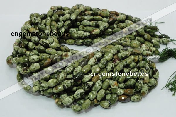 CPS66 15.5 inches 7*11mm faceted rice green peacock stone beads