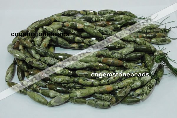 CPS70 15.5 inches 10*30mm faceted rice green peacock stone beads