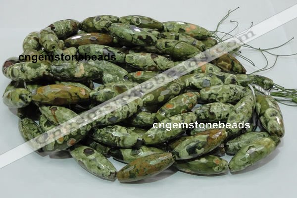 CPS72 15.5 inches 15*40mm faceted rice green peacock stone beads