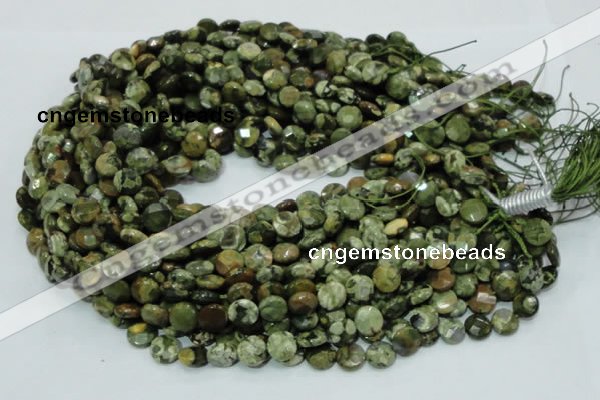 CPS83 15.5 inches 10mm faceted flat round green peacock stone beads