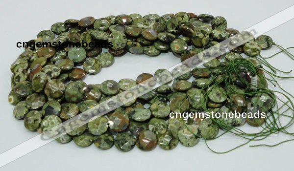 CPS84 15.5 inches 12mm faceted flat round green peacock stone beads