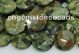 CPS85 15.5 inches 14mm faceted flat round green peacock stone beads