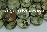 CPS86 15.5 inches 16mm faceted flat round green peacock stone beads