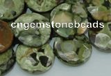 CPS87 15.5 inches 20mm faceted flat round green peacock stone beads