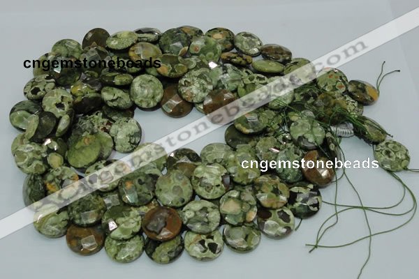 CPS87 15.5 inches 20mm faceted flat round green peacock stone beads