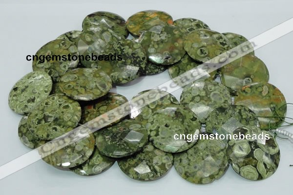 CPS93 15.5 inches 30mm faceted flat round green peacock stone beads