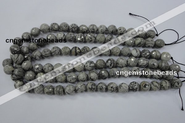 CPT114 15.5 inches 12mm faceted round grey picture jasper beads