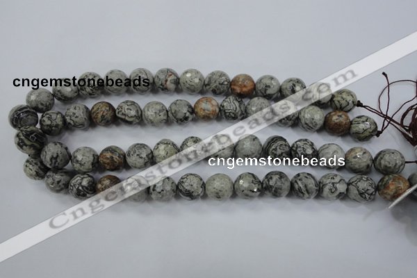 CPT115 15.5 inches 14mm faceted round grey picture jasper beads