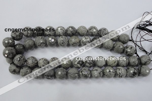 CPT116 15.5 inches 16mm faceted round grey picture jasper beads