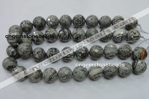 CPT118 15.5 inches 20mm faceted round grey picture jasper beads