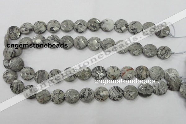 CPT125 15.5 inches 15mm faceted coin grey picture jasper beads
