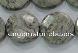 CPT126 15.5 inches 25mm faceted coin grey picture jasper beads