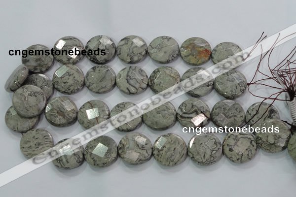 CPT126 15.5 inches 25mm faceted coin grey picture jasper beads