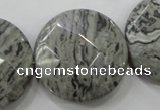 CPT127 15.5 inches 30mm faceted coin grey picture jasper beads