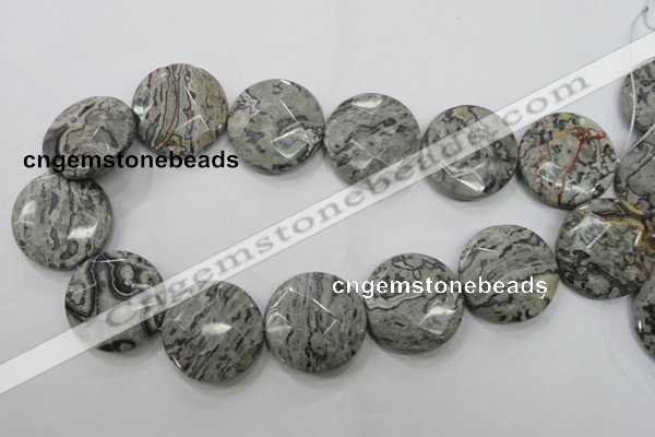 CPT127 15.5 inches 30mm faceted coin grey picture jasper beads