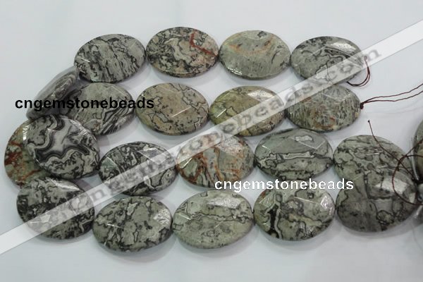 CPT130 15.5 inches 30*40mm faceted oval grey picture jasper beads