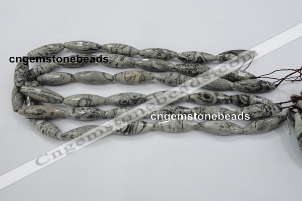 CPT136 15.5 inches 10*30mm faceted rice grey picture jasper beads