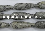 CPT137 15.5 inches 10*30mm faceted teardrop grey picture jasper beads