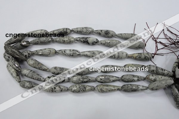 CPT137 15.5 inches 10*30mm faceted teardrop grey picture jasper beads