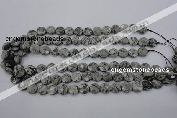 CPT140 15.5 inches 12mm faceted coin grey picture jasper beads