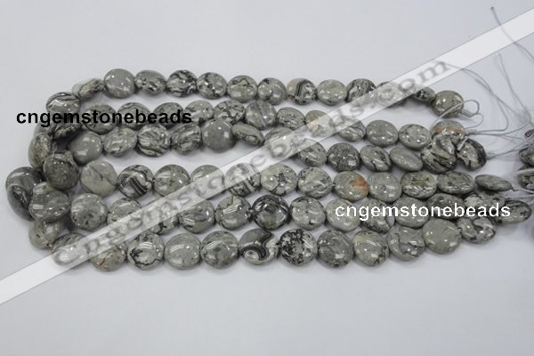 CPT164 15.5 inches 14mm flat round grey picture jasper beads