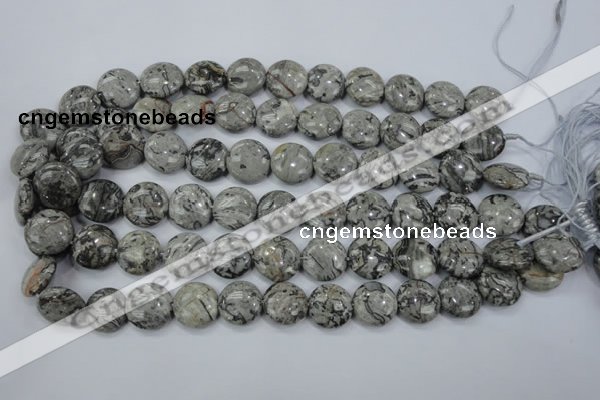 CPT165 15.5 inches 16mm flat round grey picture jasper beads