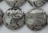 CPT168 15.5 inches 25mm flat round grey picture jasper beads