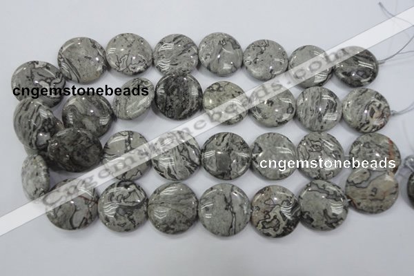 CPT168 15.5 inches 25mm flat round grey picture jasper beads