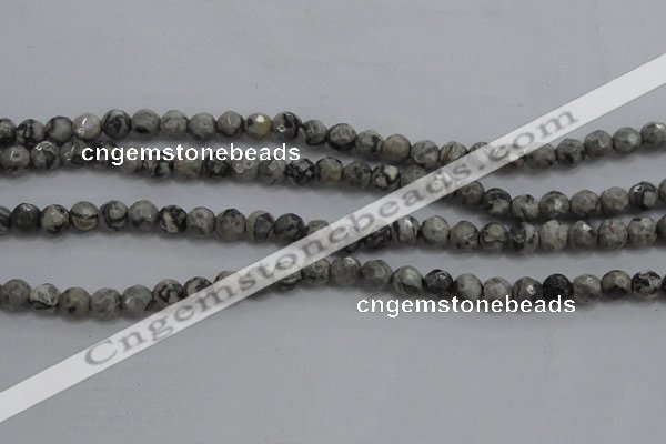 CPT186 15.5 inches 4mm faceted round grey picture jasper beads