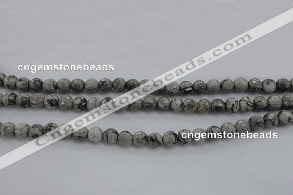 CPT187 15.5 inches 6mm faceted round grey picture jasper beads