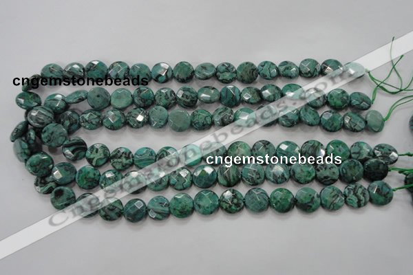 CPT232 15.5 inches 12mm faceted coin green picture jasper beads