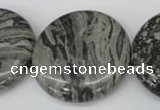 CPT361 15.5 inches 30mm flat round grey picture jasper beads