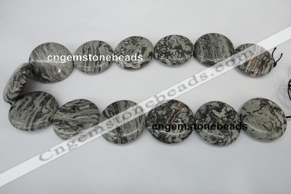 CPT361 15.5 inches 30mm flat round grey picture jasper beads