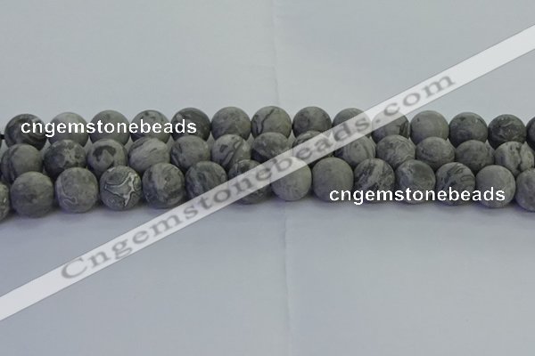 CPT574 15.5 inches 12mm round matte grey picture jasper beads