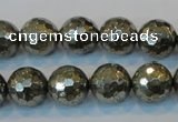 CPY110 15.5 inches 14mm faceted round pyrite gemstone beads wholesale