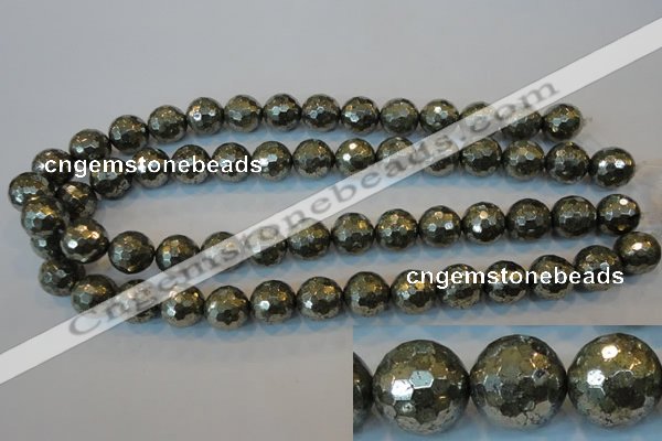 CPY110 15.5 inches 14mm faceted round pyrite gemstone beads wholesale