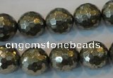 CPY111 15.5 inches 16mm faceted round pyrite gemstone beads wholesale