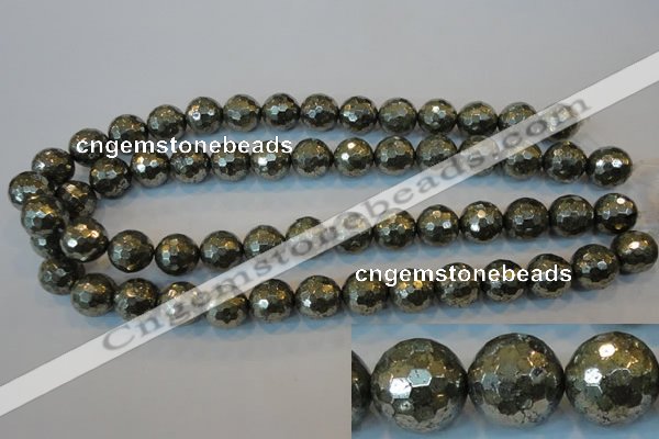 CPY111 15.5 inches 16mm faceted round pyrite gemstone beads wholesale