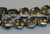 CPY162 15.5 inches 12mm carved flower pyrite gemstone beads wholesale